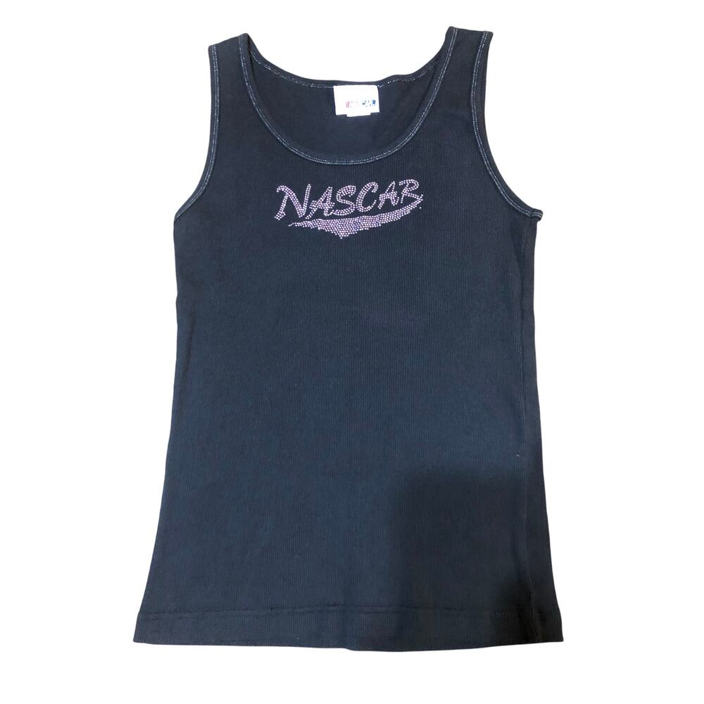 NASCAR Ladies Large L Black Ribbed Pink Rhinestone Tank Top Shirt Car Racing Fan - Picture 4 of 5